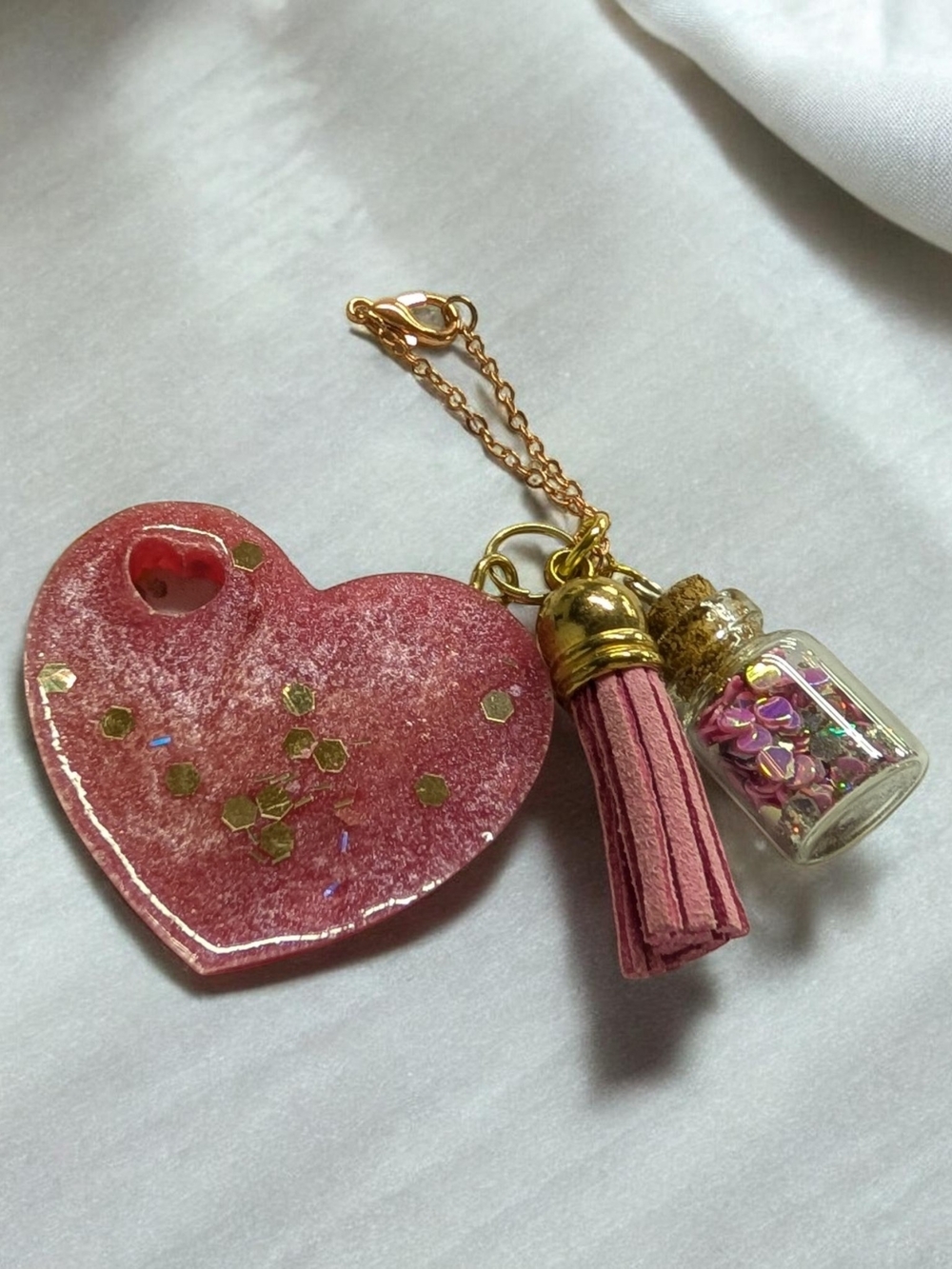 Pink Heart Tassel Accessory with Mini Glass Bottle Charm